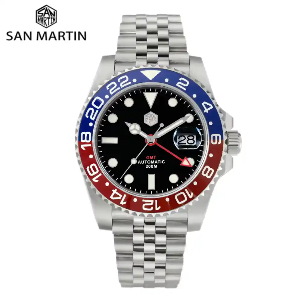 San Martin Classic GMT Watch – Automatic Movement, Ceramic Bezel, Cyclops Lens