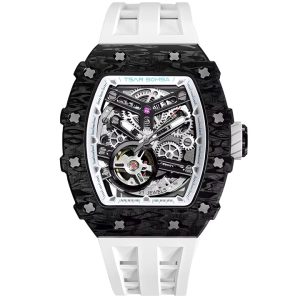 TSAR BOMBA Mens White Luxury Skeleton Watch – Carbon Fiber Automatic